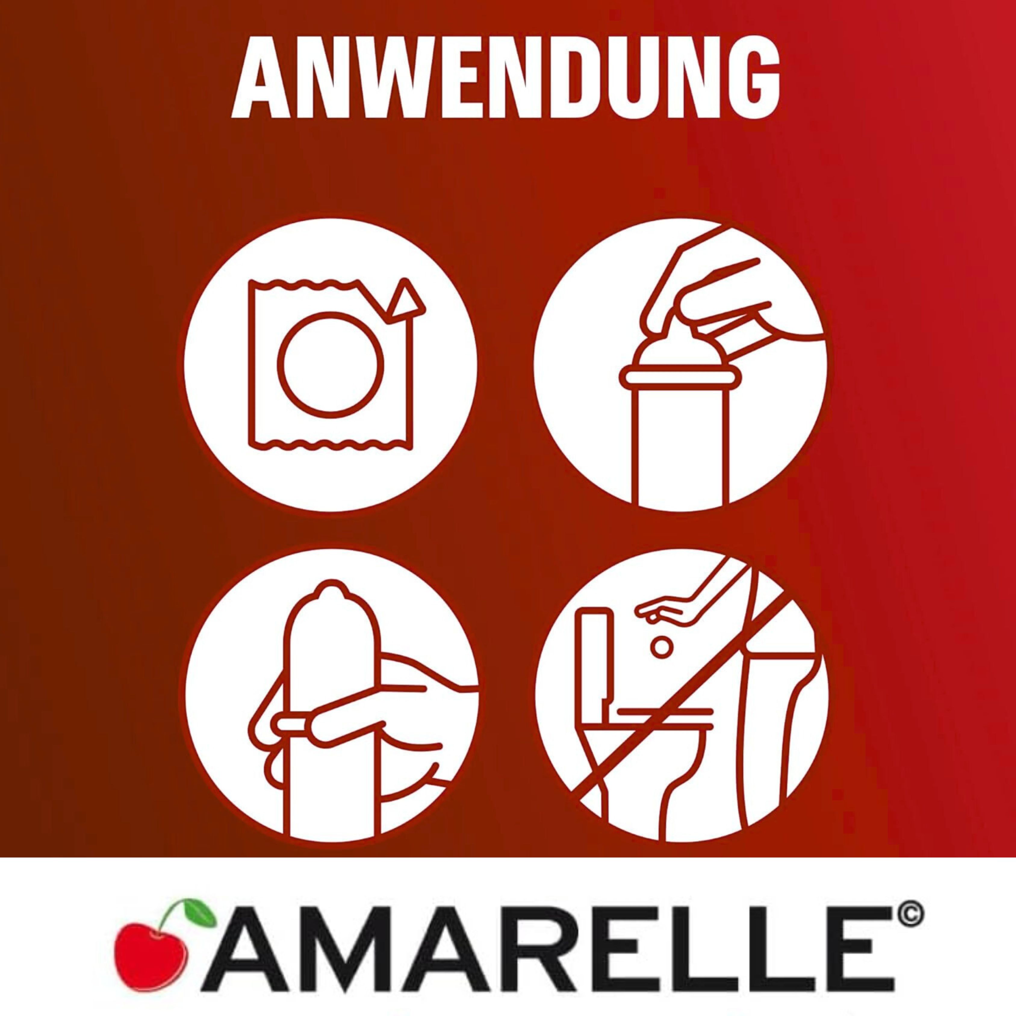 Instructions d'utilisation en cercles. Symboles: Ouvrir, mettre en place, dérouler, jeter. Logo AMARALLE avec cerise.
