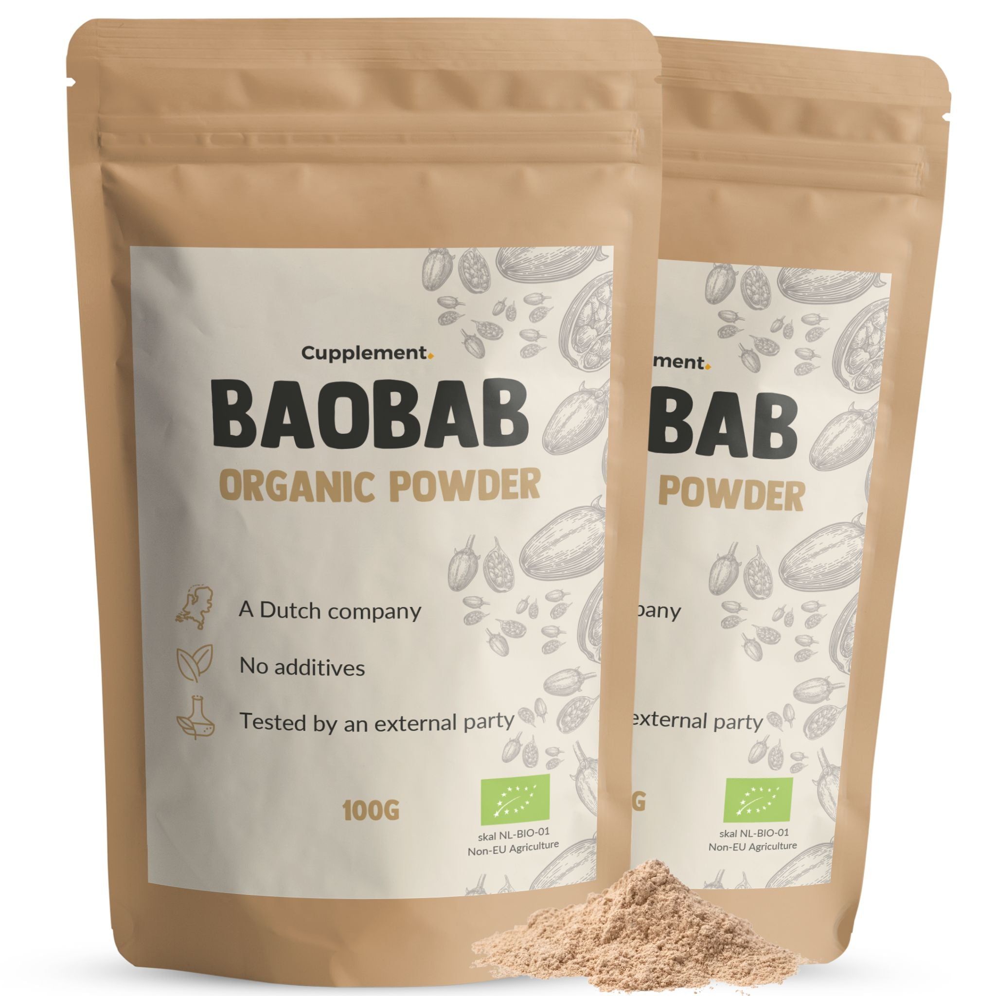 Twee zakjes Cupplement Baobab poeder. Bruine papieren verpakking met wit etiket. Bio-keurmerk en 100g.