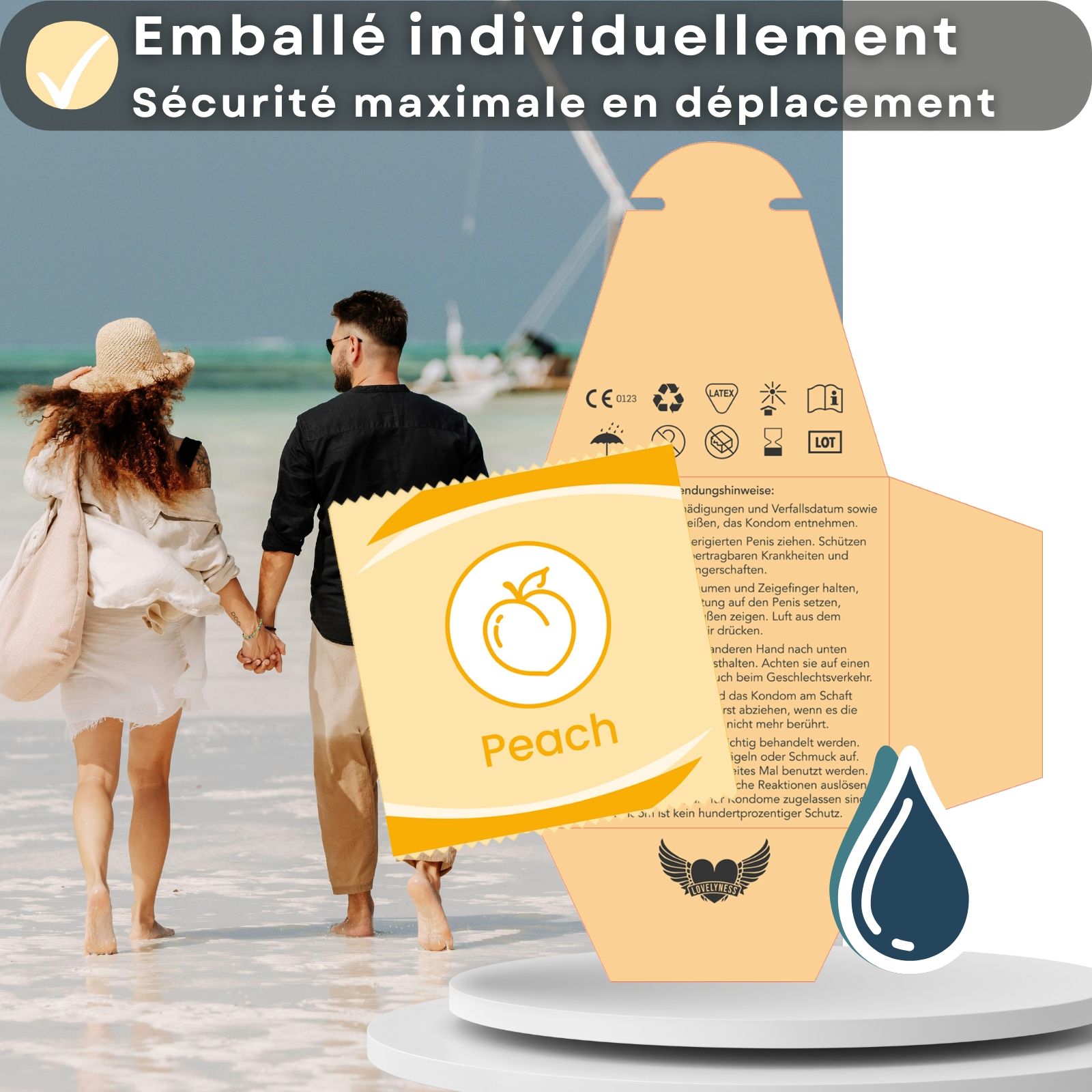 Emballage et préservatif. Texte: Longueur de 190 mm et largeur nominale de 52 mm. Logo: Lovelyness. Pêche.