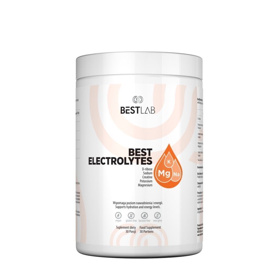 Conteneur blanc BEST LAB BEST ELECTROLYTES. Graphique goutte orange avec minéraux. Complément alimentaire.