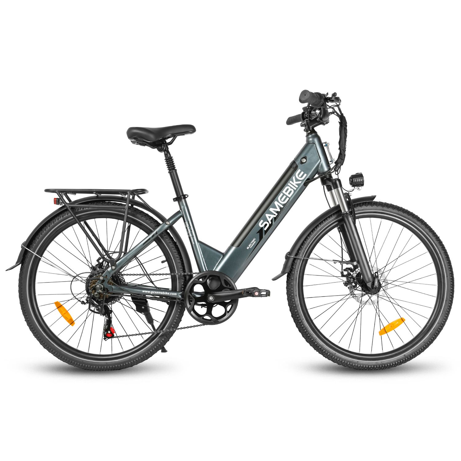 Vélo électrique SAMEBIKE RS-A01 Pro-T gris. Pneus, selle, guidon noirs. Porte-bagages. Vue latérale.