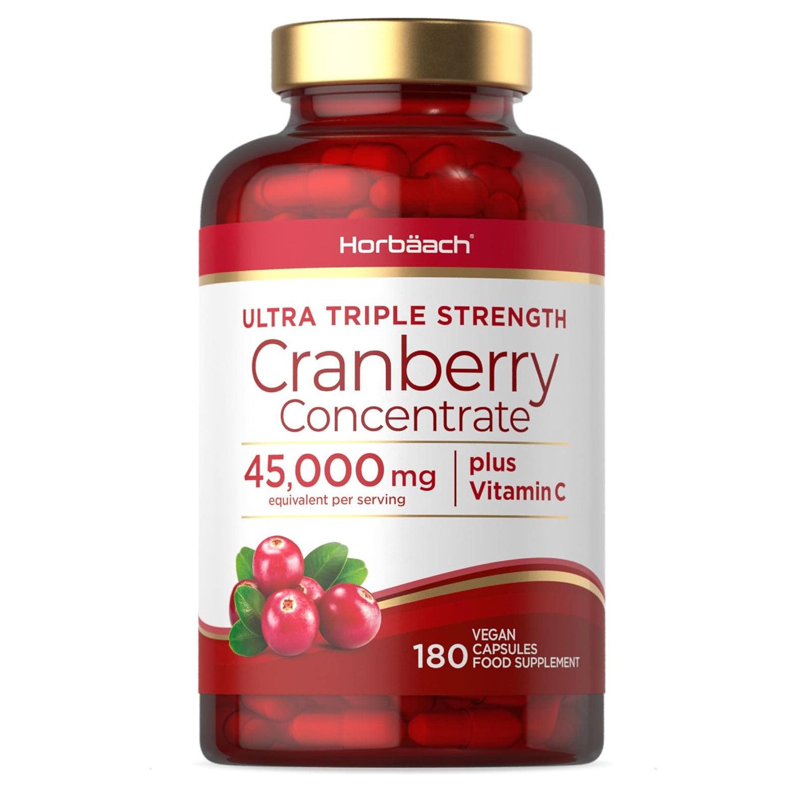 Rode capsules in een fles. Opschrift: Horbaach, Cranberry Concentrate, 45.000 mg plus vitamine C, 180 capsules.
