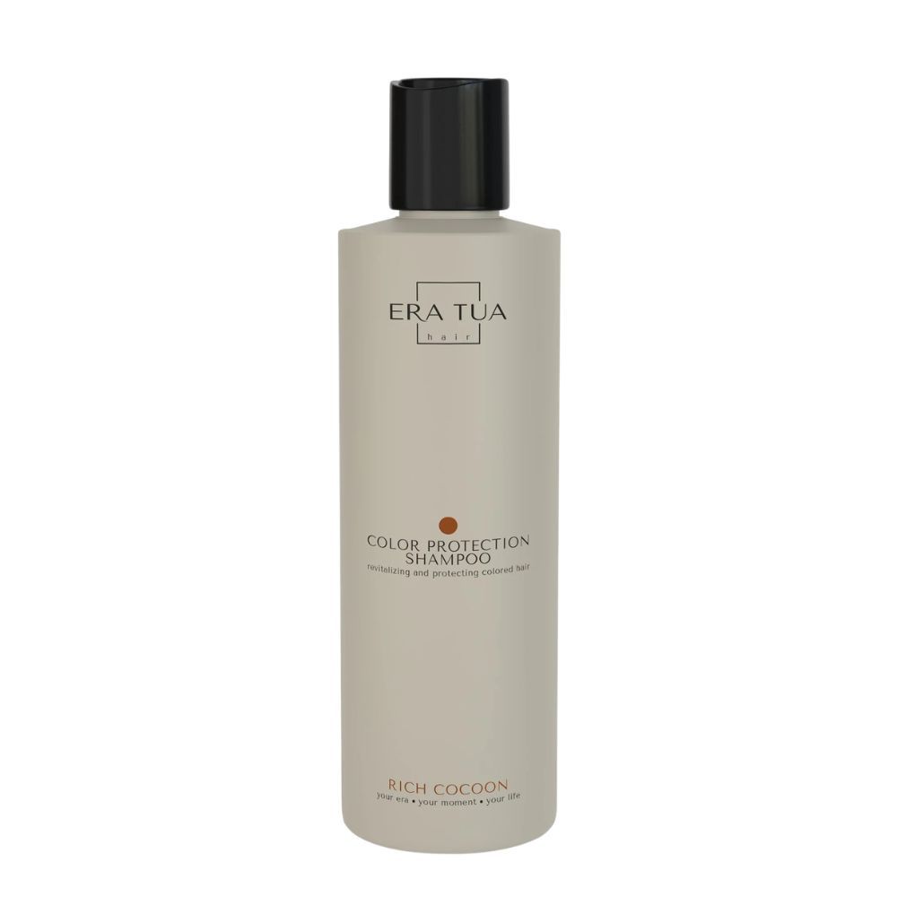 Flacon beige, bouchon noir. Texte: Era Tua, Color Protection Shampoo, Rich Cocoon. Point brun.