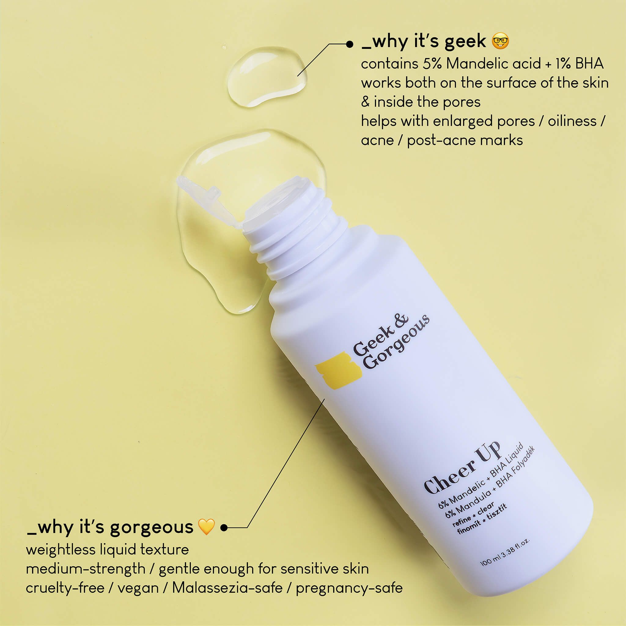 Geek & Gorgeous -Cheer up, peeling chimique à l'acide mandélique et à l'acide BHA, contre l'acné