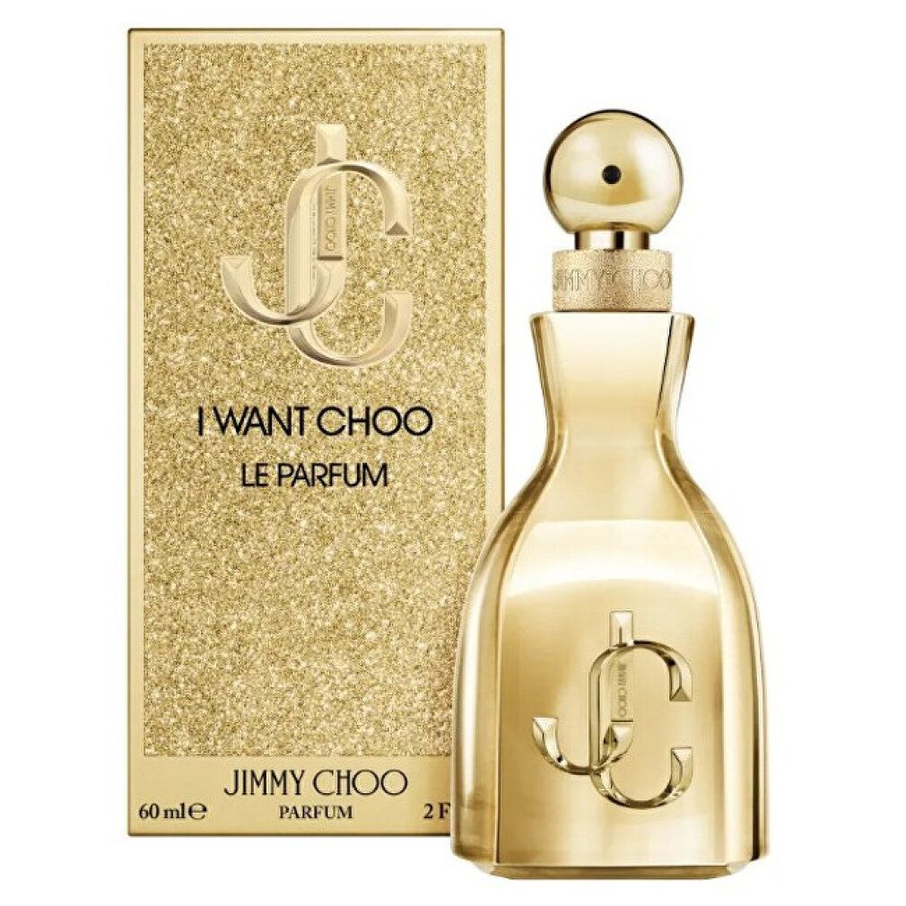 Flacon de parfum et emballage dorés. Inscription "I WANT CHOO LE PARFUM". Marque "JIMMY CHOO".