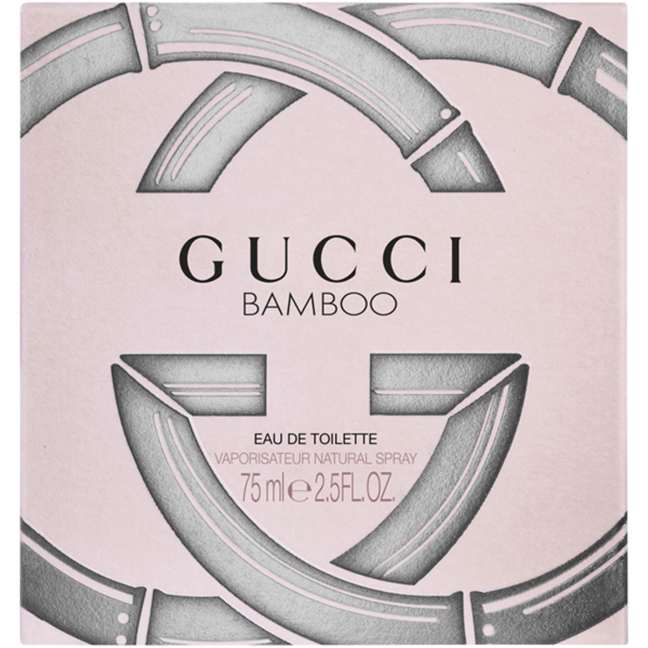 Gucci Bamboo Eau de Toilette Spray. Emballage avec logo et nom du produit. Fond rose avec motif bambou. Texte: Eau de Toilette, 75 ml.