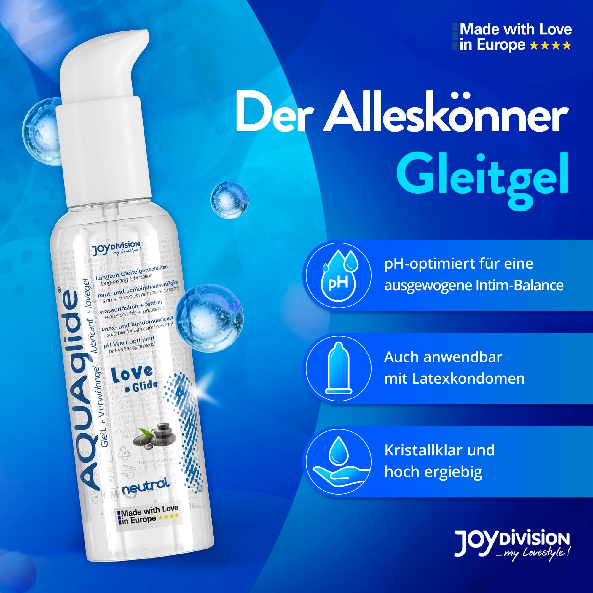 Gel lubrifiant AquaGlige Neutre. pH optimisé, compatible préservatifs latex. Clair et économique.