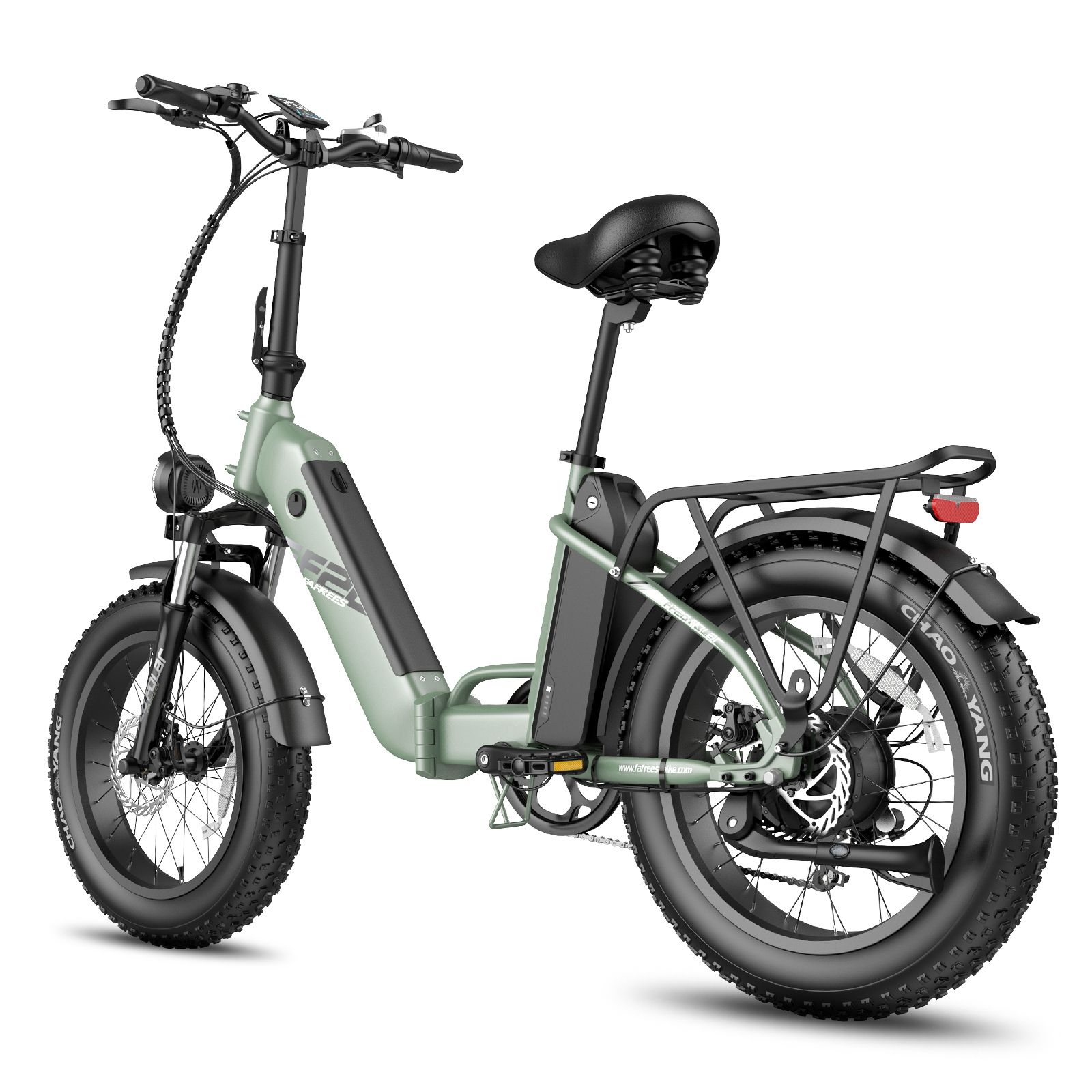 Vélo électrique pliable vert clair. Pneus, selle et porte-bagages noirs. Feu arrière et batterie.