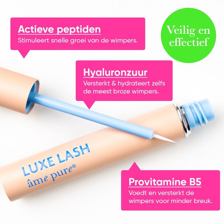 LUXE LASH wimperserum-applicator met lichtblauwe steel en punt die uit een lichtbeige huls steekt. Tekst benadrukt hyaluronzuur.