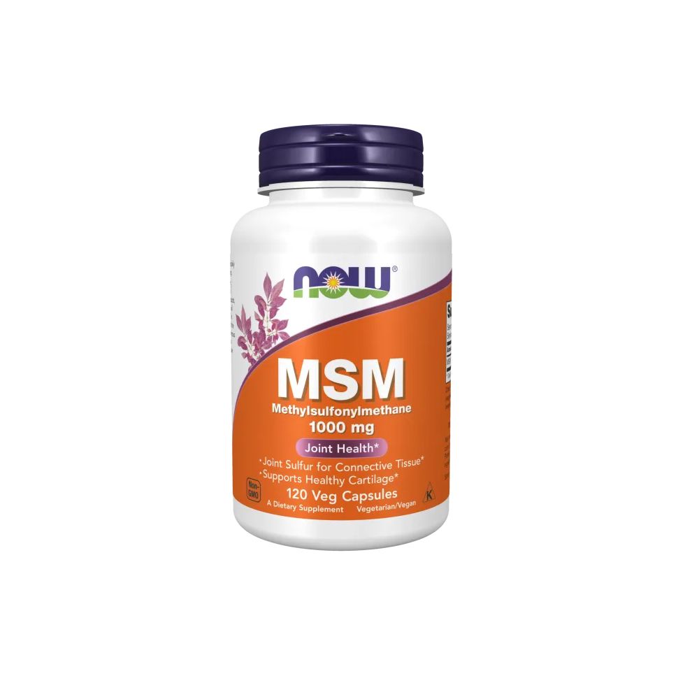 Witte fles met blauwe dop. Opschrift MSM, Methylsulfonylmethane 1000 mg, 120 Veg Capsules. Merk NOW.