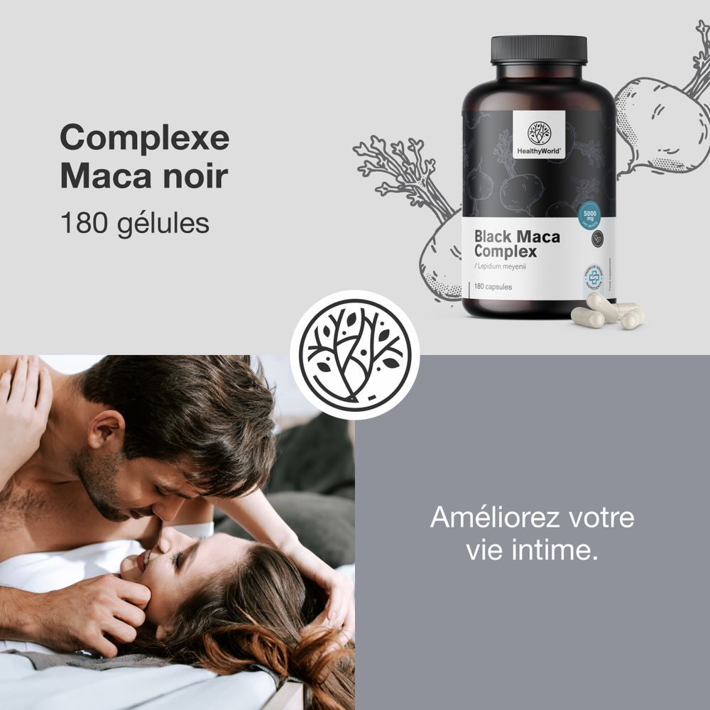 Image produit avec texte: Complexe Maca noir, 180 gélules. Logo: HealthyWorld. Couple au lit.