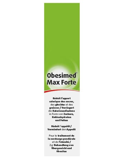 Lange, groene verpakking met productnaam en informatie. Vermindert de calorie-inname. Medisch hulpmiddel.