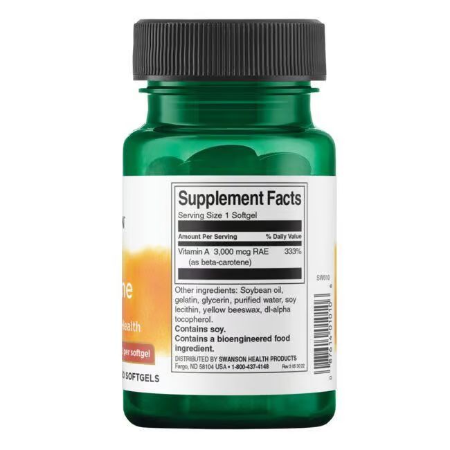 Dos d'un flacon vert avec bouchon noir. Étiquette avec informations nutritionnelles et ingrédients. "SWANSON".