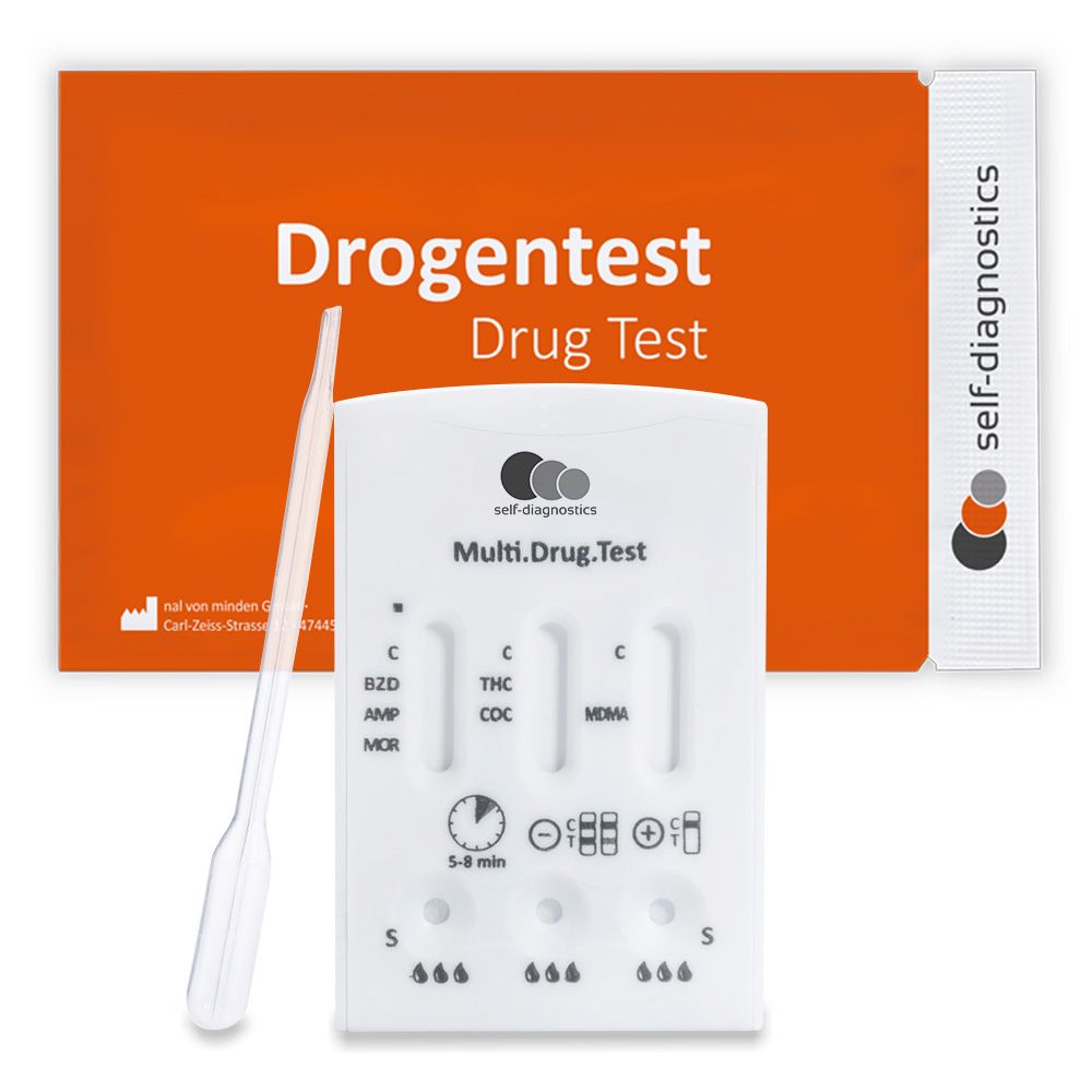 Kit de test de dépistage. Comprend des bandelettes, une pipette et un emballage. Inscription: Multi.Drug.Test.