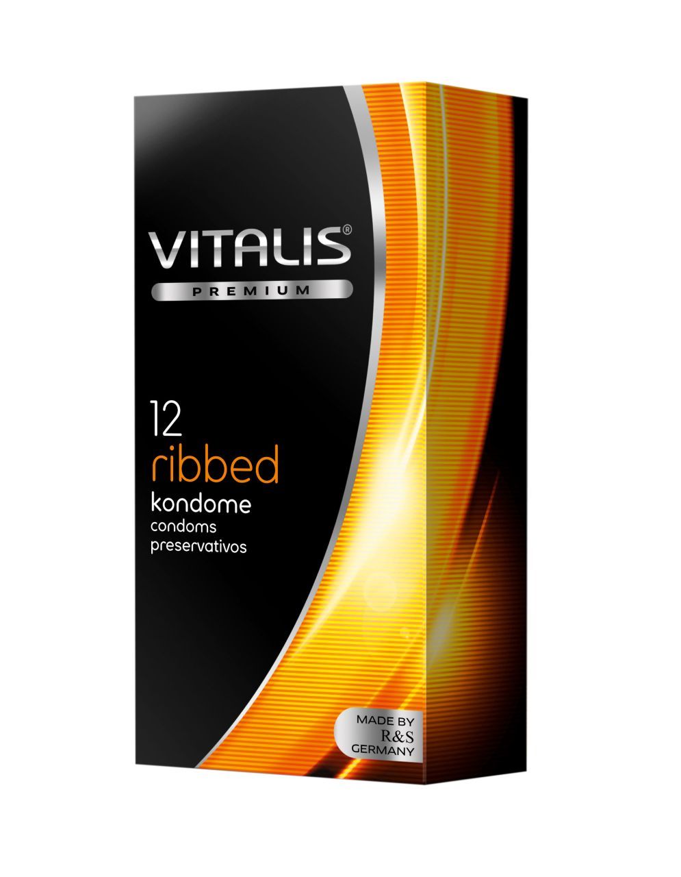 Verpakking met 12 Vitalis PREMIUM geribbelde condooms, Made in Germany.