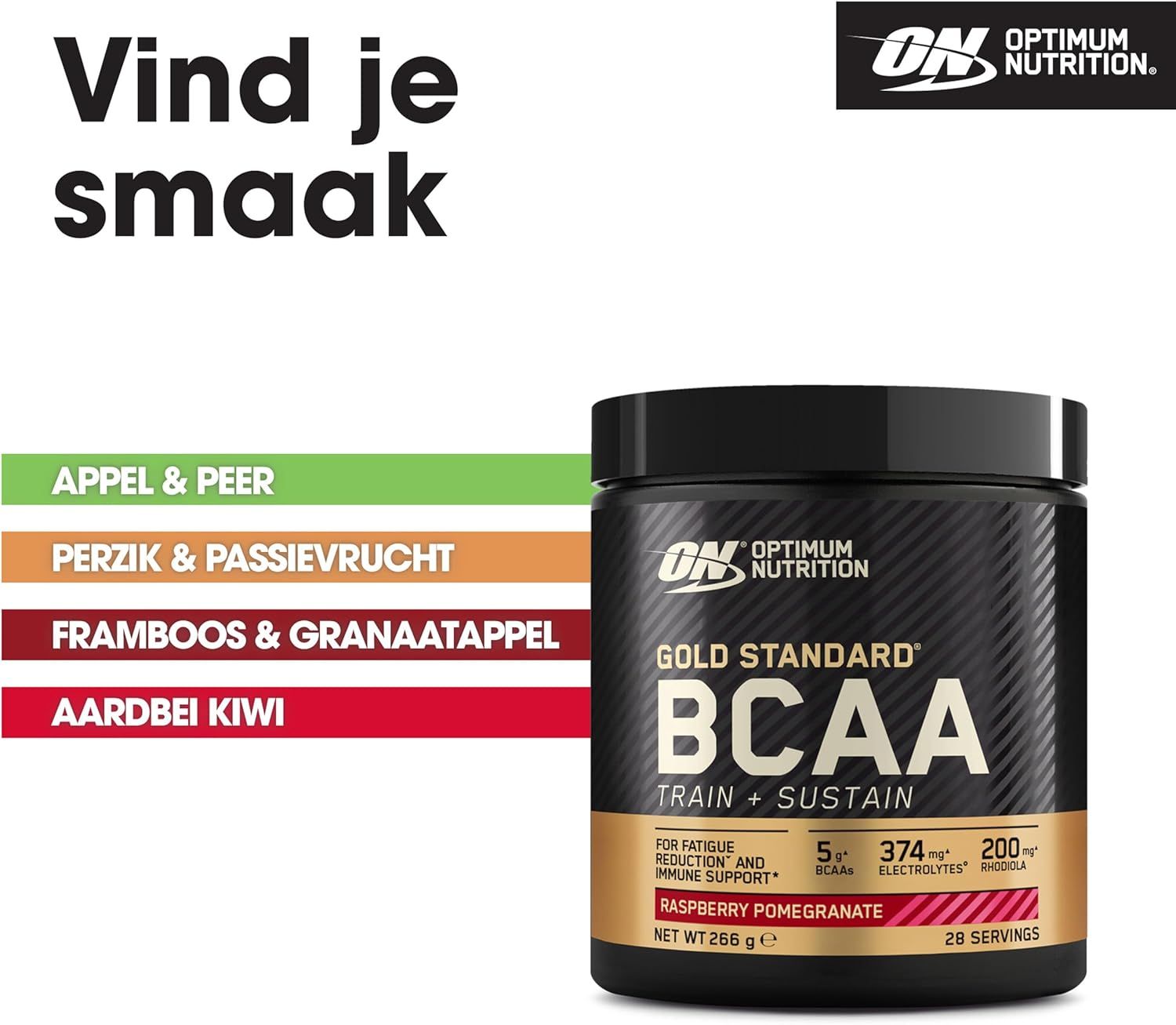 Overzicht van de smaken van Optimum Nutrition BCAA Train+Sustain.