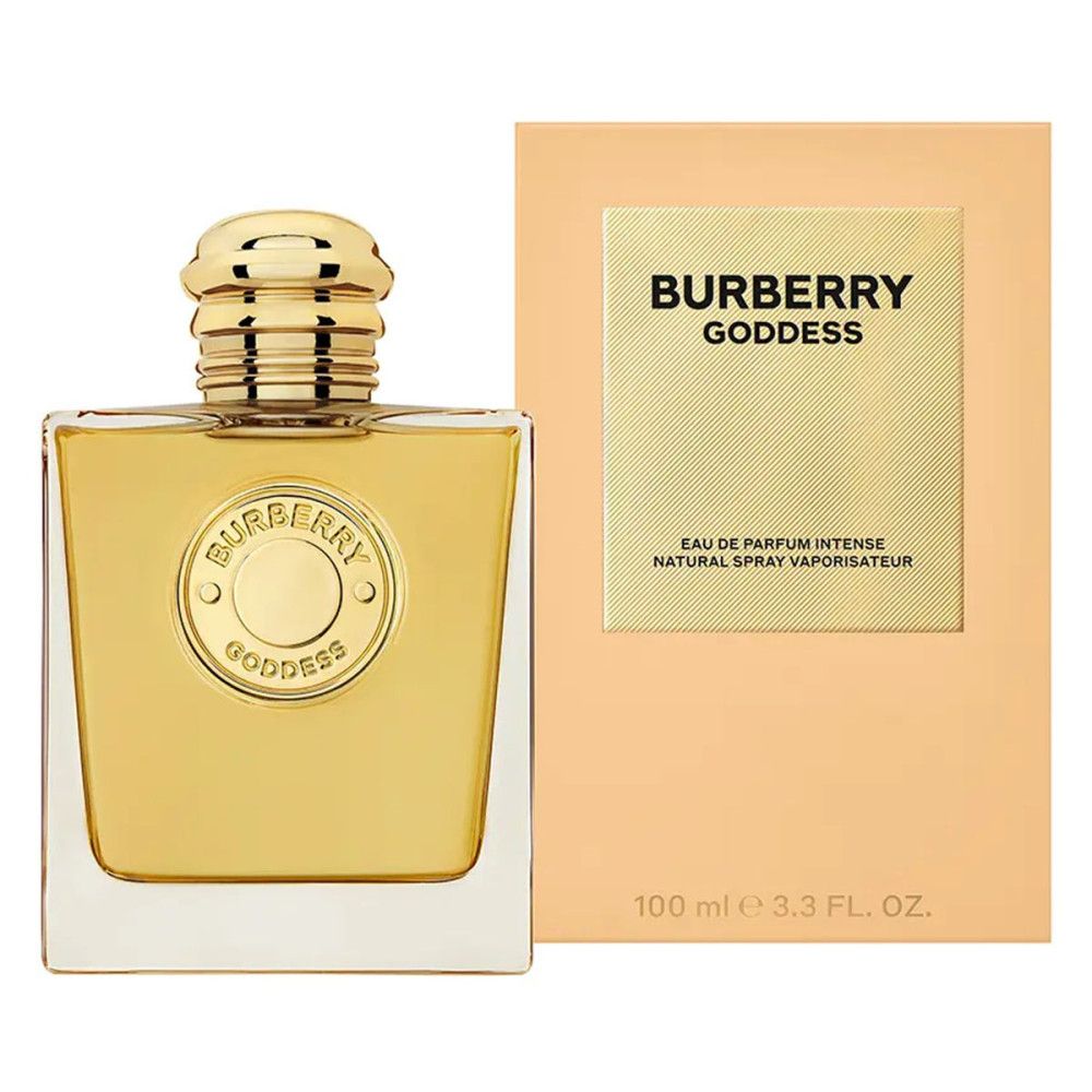 Flacon doré avec bouchon doré et emballage. Inscription Burberry Goddess.