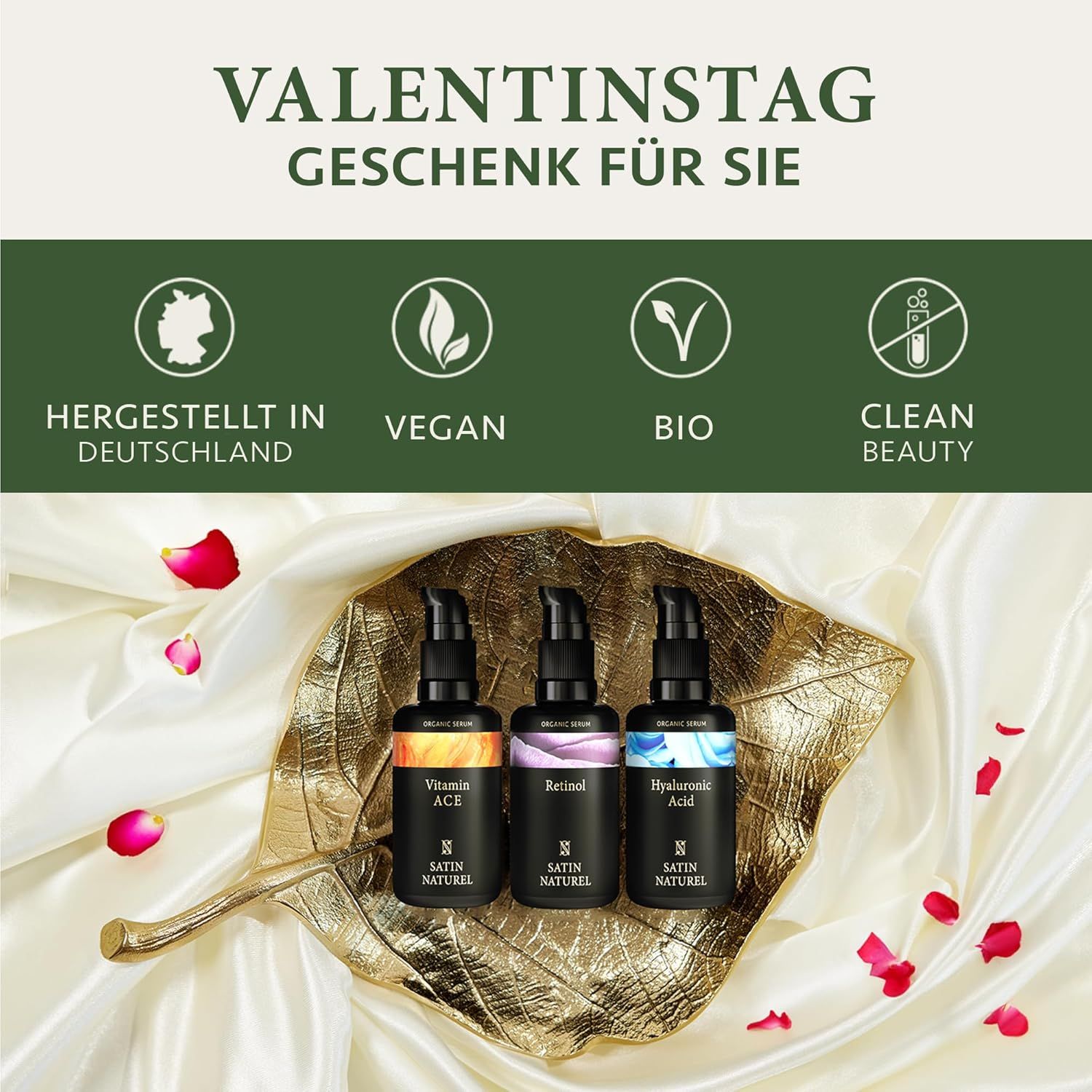 Trois flacons de sérum dans une feuille dorée. Inscriptions : Vegan, Bio, Clean Beauty. Fond : pétales de rose.