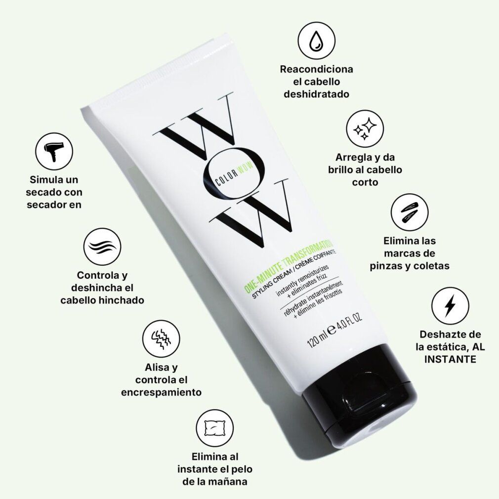 Tube de crème coiffante Color Wow One Minute Transformation avec icônes soulignant les avantages tels que la protection thermique et la brillance.