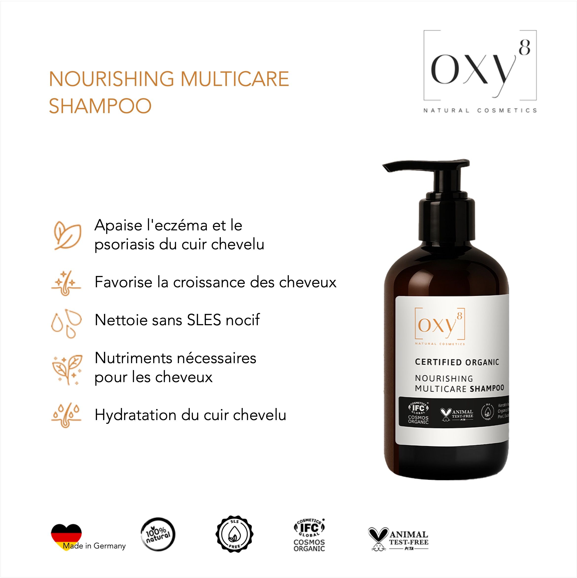 Un flacon de shampooing avec pompe noire. L'étiquette indique "oxy8" et "Nourishing Multicare Shampoo".