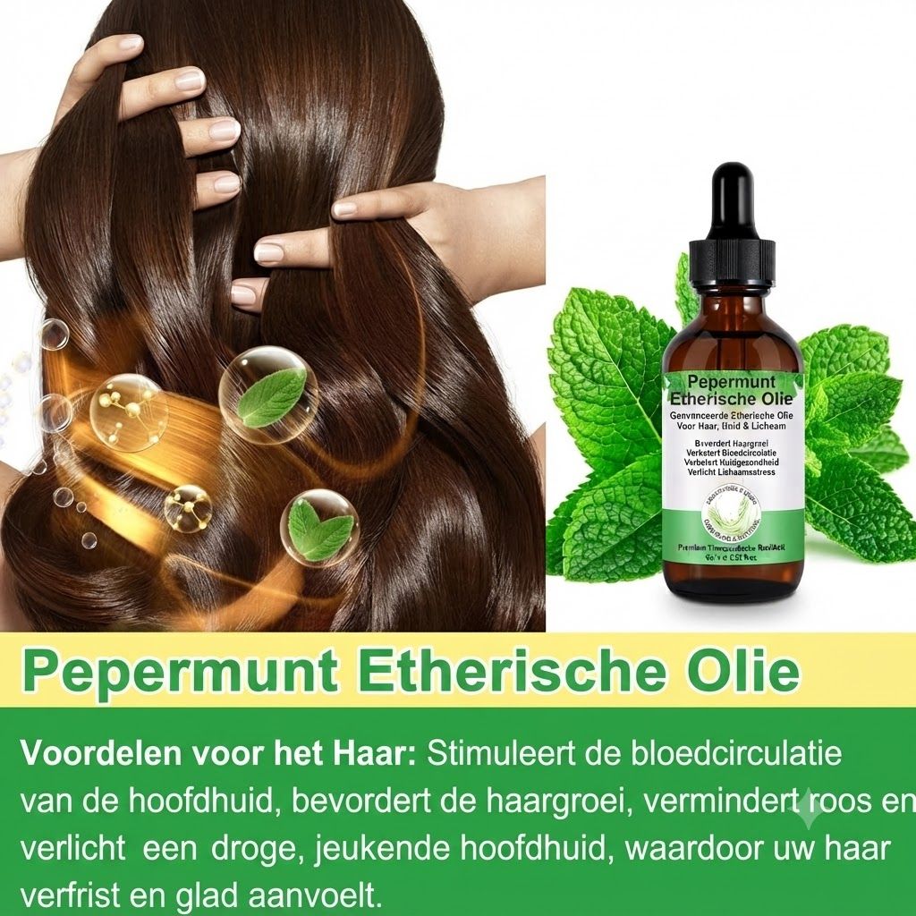 Bruine glazen fles met druppelaar, gevuld met pepermuntolie, omringd door muntbladeren.
