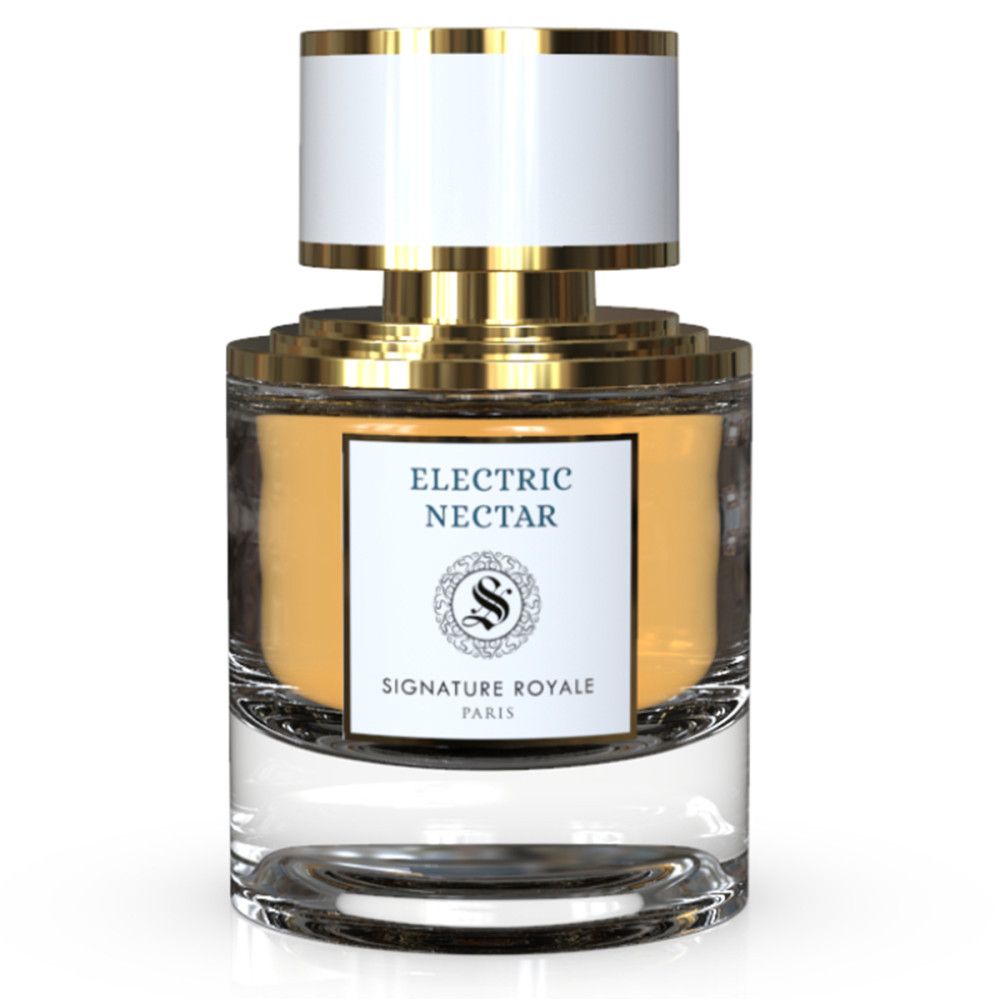Parfumextract Electric Nectar. Fles met gouden sluiting en witte dop. Logo op het etiket.