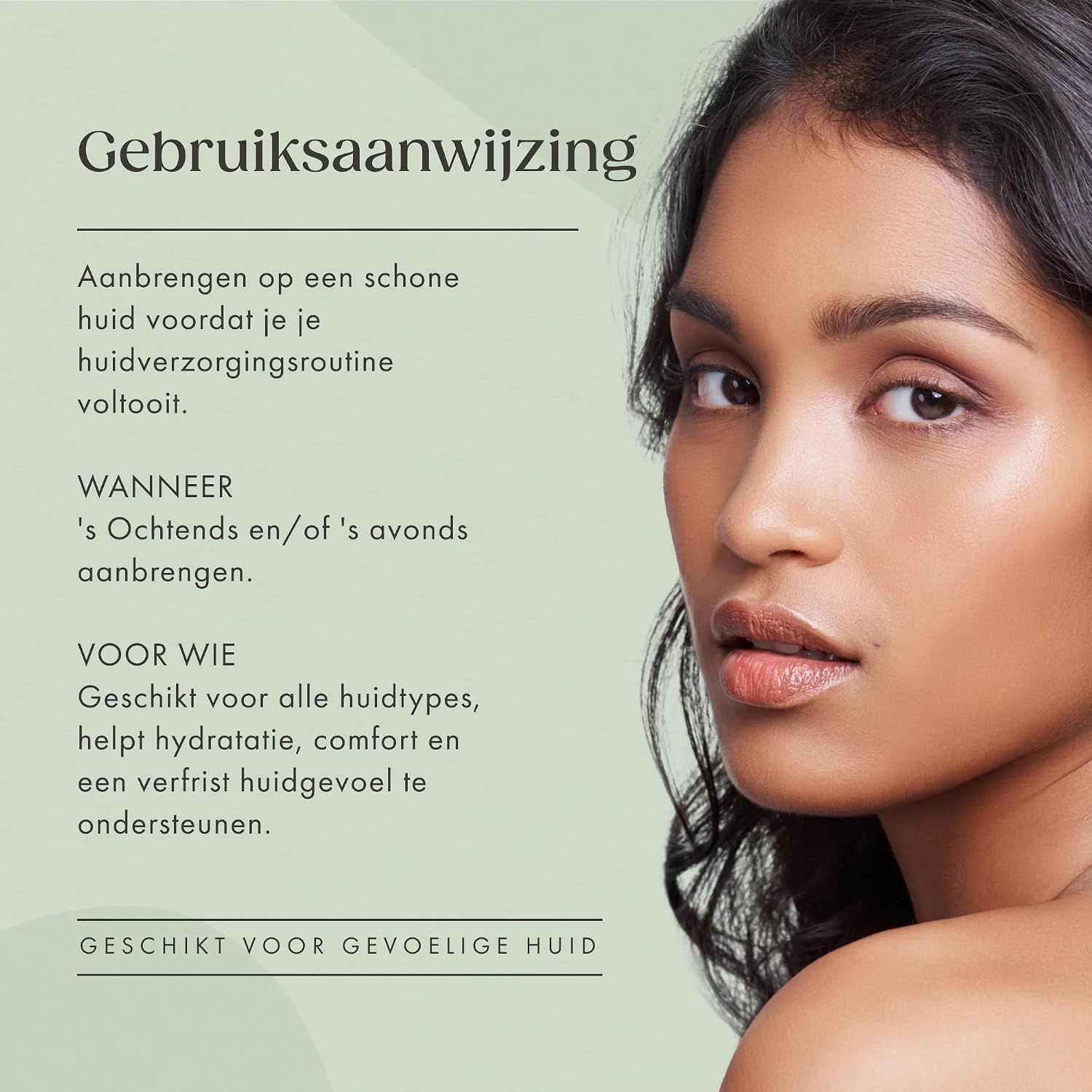 Gebruiksaanwijzing voor SATIN NATUREL serum op afbeelding van vrouw.