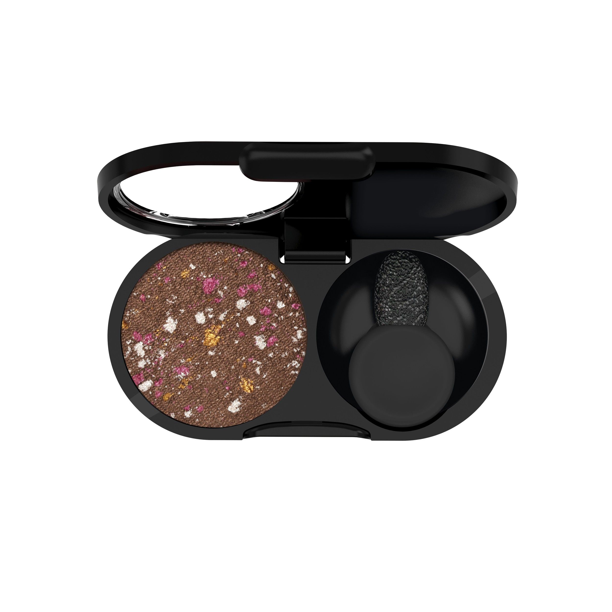 Bruine oogschaduw met gekleurde glitterdeeltjes in een zwart doosje met applicator.