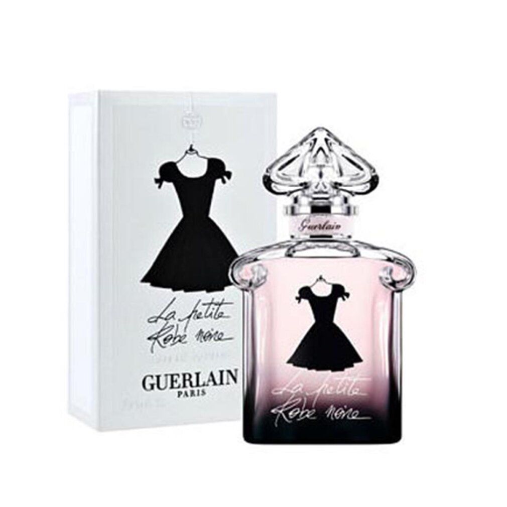Flacon et emballage. Robe noire sur fond rose-noir. Inscription La petite Robe noire. Guerlain Paris.