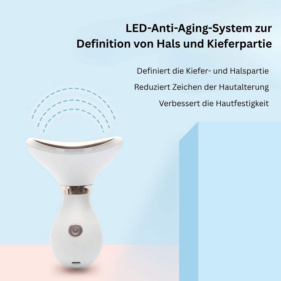 Appareil LED blanc pour le cou et la mâchoire. Texte : Système anti-âge LED. Définition du cou et de la mâchoire.