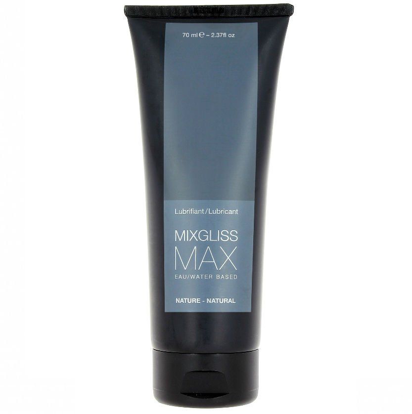 Zwarte tube glijmiddel, met opschrift "MIXGLISS MAX" en "WATER BASED".