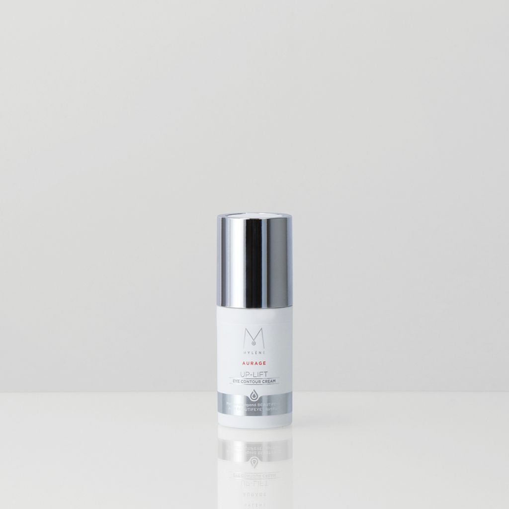 Flacon de crème avec bouchon argenté. Inscription: Mylène, Aurage, UP-LIFT Eye Contour Cream. Étiquette blanche avec logo et texte.