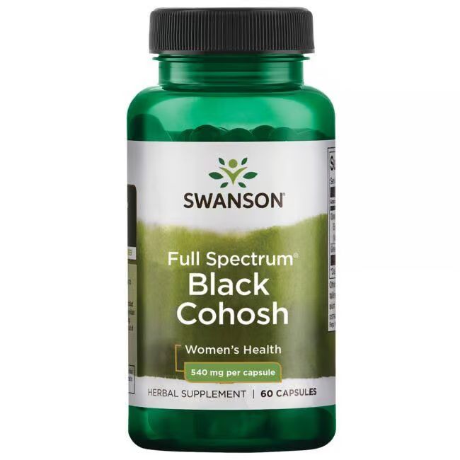 Flacon vert avec bouchon noir. Inscription: SWANSON, Full Spectrum Black Cohosh, 540 mg par capsule. 60 capsules.