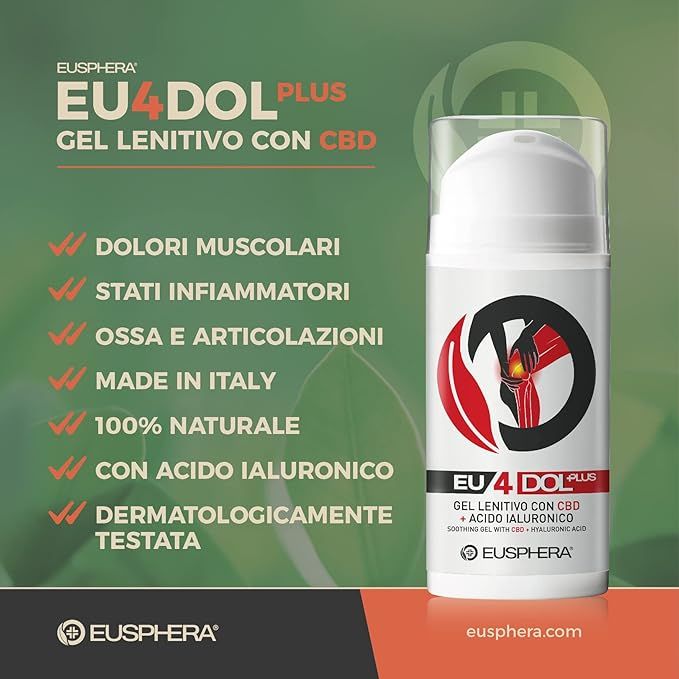 Flacon blanc avec texte et logo rouge. Texte: EU4DOL Plus, gel lenitivo con CBD. Marque: Eusphera.