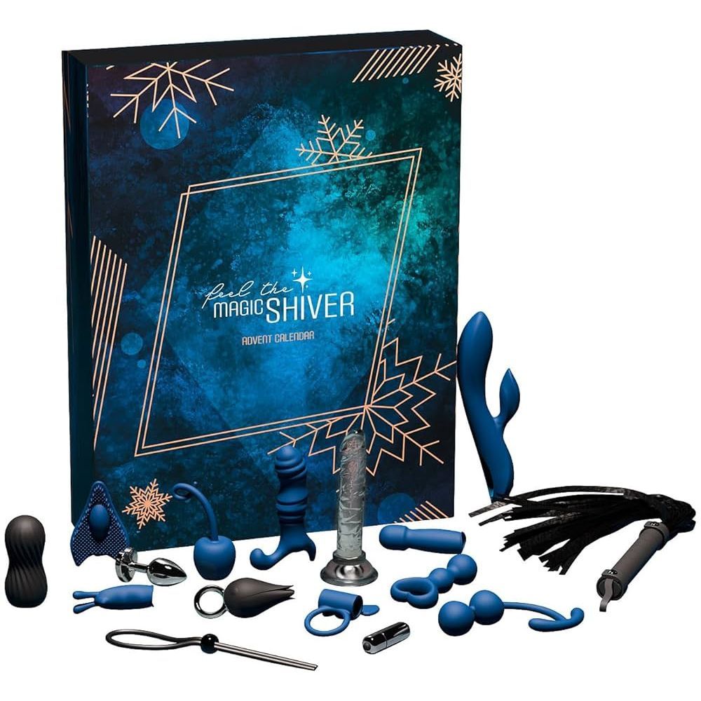 Calendrier de l'Avent avec jouets sexuels bleus et noirs. Inscription : Feel the Magic Shiver. Différentes formes et tailles.