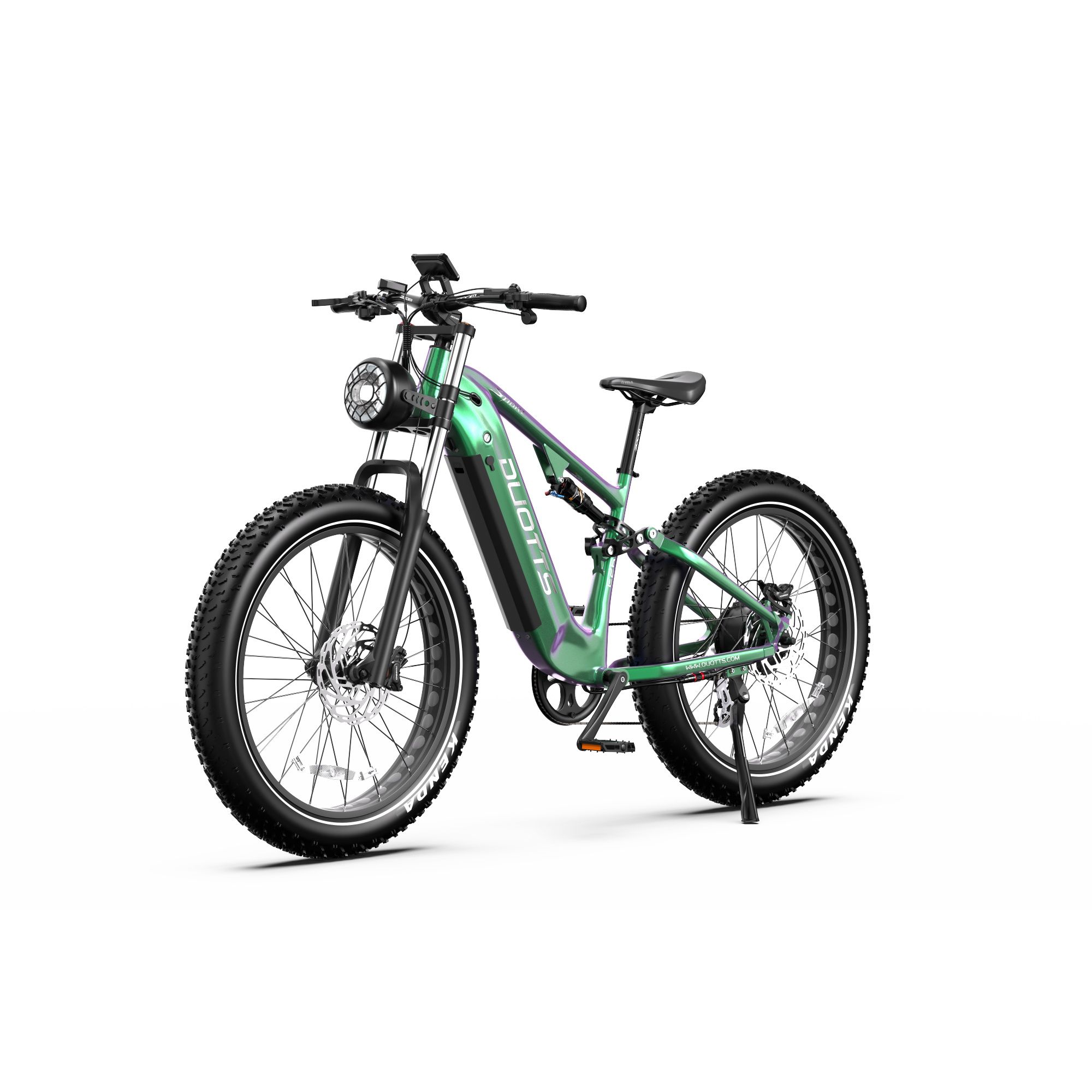 Vélo électrique vert. Pneus noirs KENDA. Logo DUOTTS sur le cadre. Phare.
