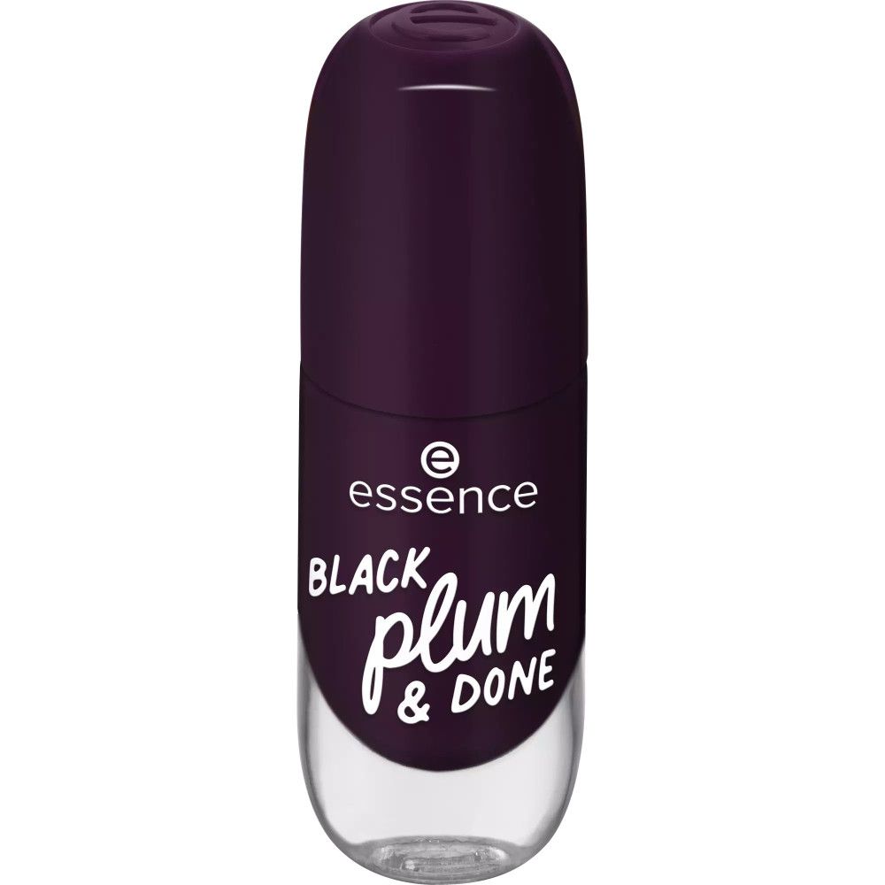 Flacon de vernis à ongles prune foncé. On peut lire "essence BLACK plum & DONE" sur le flacon.