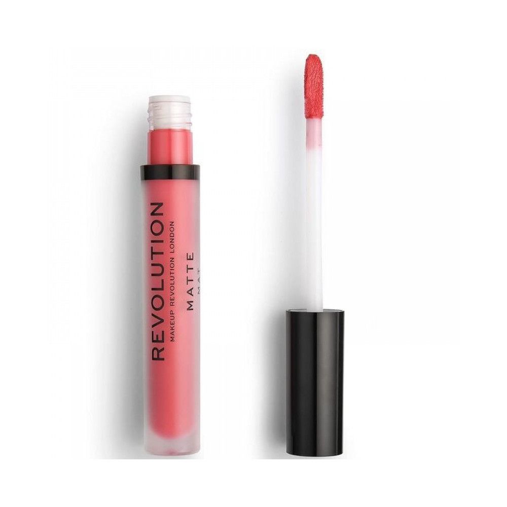 Flacon de gloss ouvert avec applicateur. Couleur rose. Inscription: REVOLUTION MATTE.