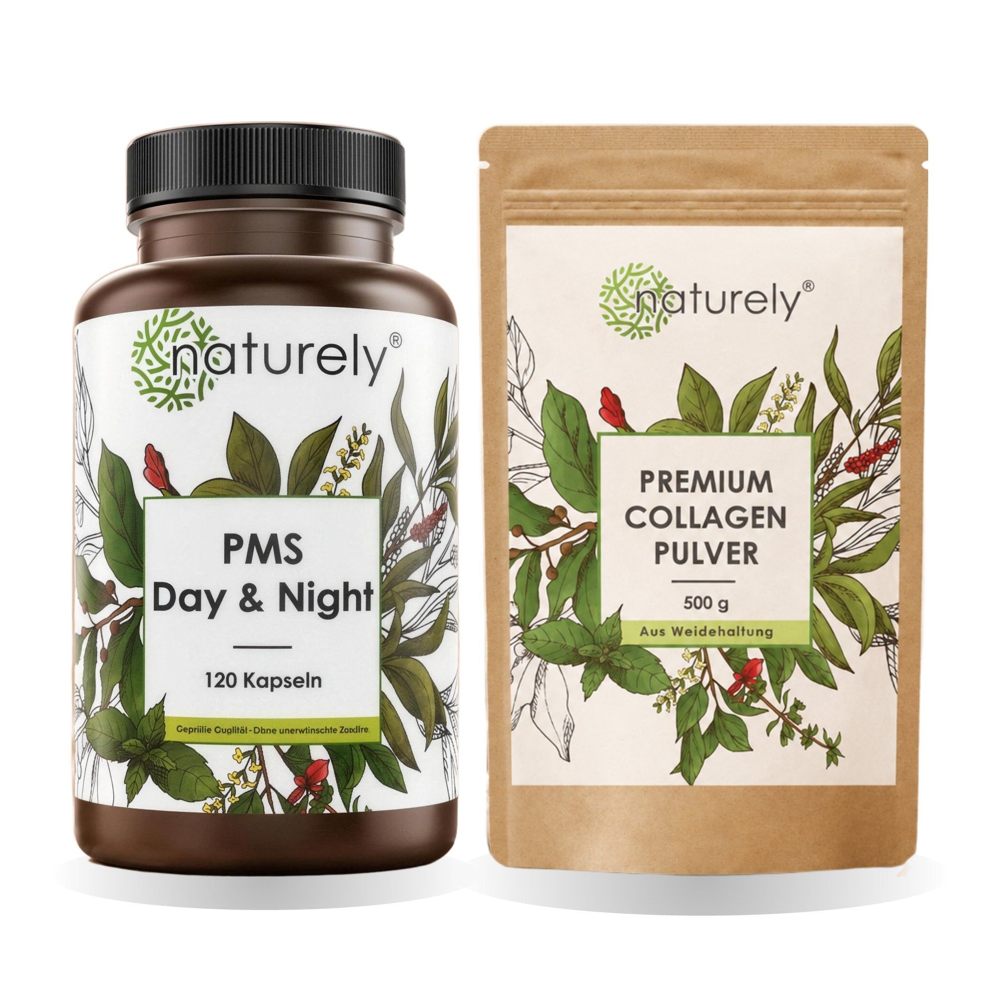 Naturally PMS gélules jour et nuit et Naturally Premium poudre de collagène.