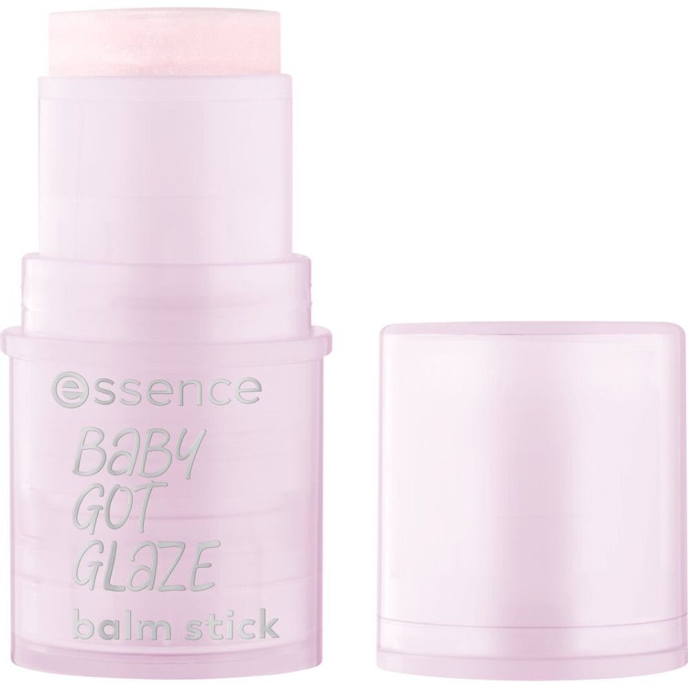 Essence Baby Got Glaze Stick Balsam, roze verpakking, open deksel. Productnaam en merk zichtbaar.