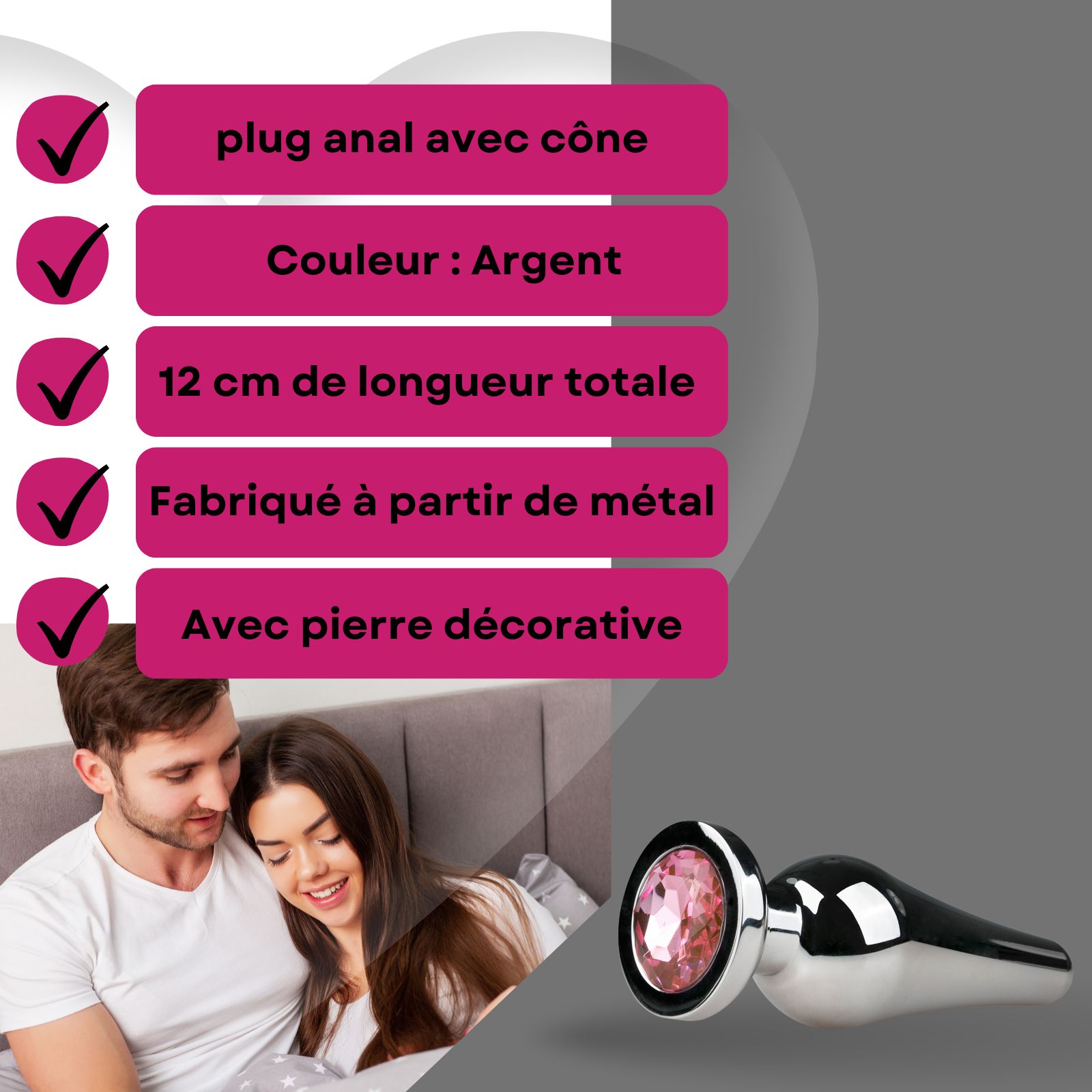 Plug anal conique en métal, pierre rose décorative. Couleur argent.