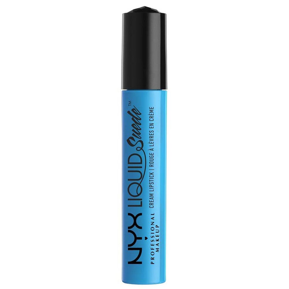 Blauwe Nyx Liquid Suede crème lipstick fles. Zwarte dop. Productnaam en merk zichtbaar.