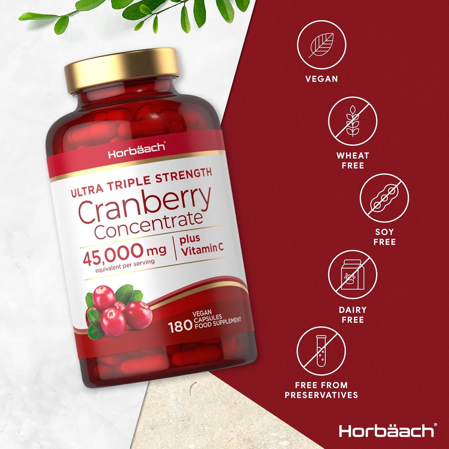 Fles met rode capsules. Opschrift: Horbaach, Cranberry Concentrate, 45.000 mg plus vitamine C, 180 capsules. Vegan.