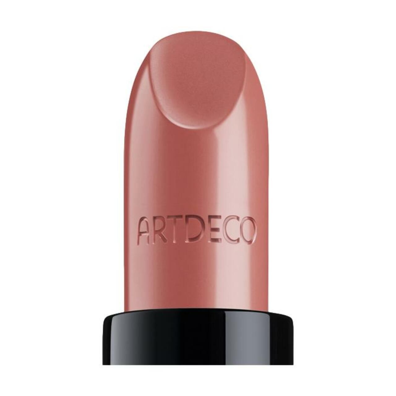 Artdeco lippenstift, schuine punt, roze. Zwarte huls, merknaam. Close-up.
