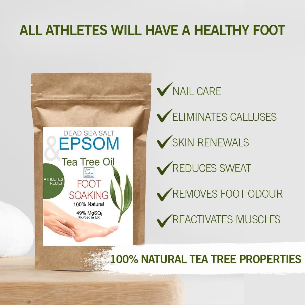 Emballage produit 'Dead Sea Salt & Epsom Tea Tree Oil Foot Soaking'. Avantages: soin des ongles, callosités, renouvellement de la peau, sueur, odeur, muscles.