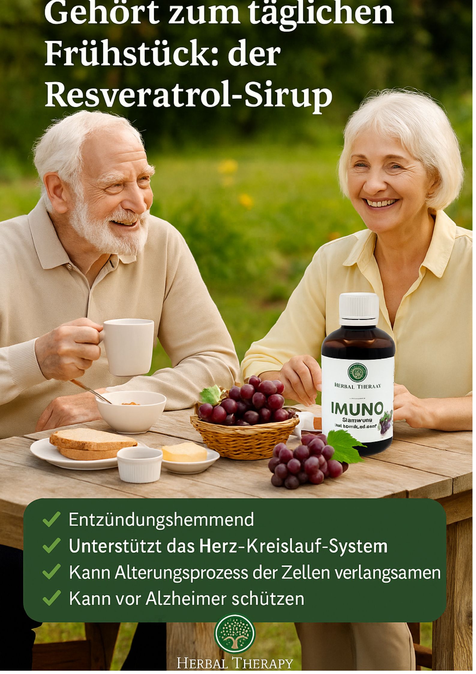 Couple âgé à table avec une bouteille d'IMUNO Resveratrol. Sur la table : pain, beurre, raisins. Texte : Anti-inflammatoire.