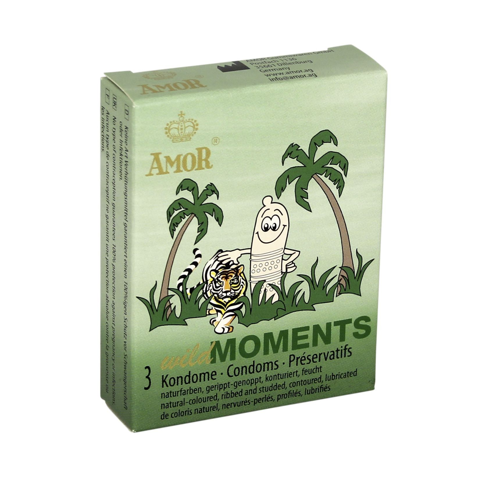 Boîte verte AMOR Wild Moments. Illustration : tigre, palmiers, préservatif souriant. Contient 3 préservatifs.