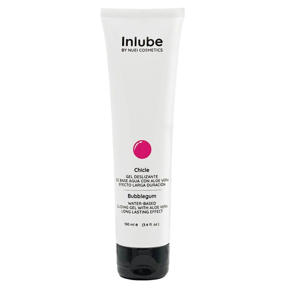 Tube de gel blanc avec accents roses. Texte: Inlube, NUEI Cosmetics, Chicle, Bubblegum, 100 ml.