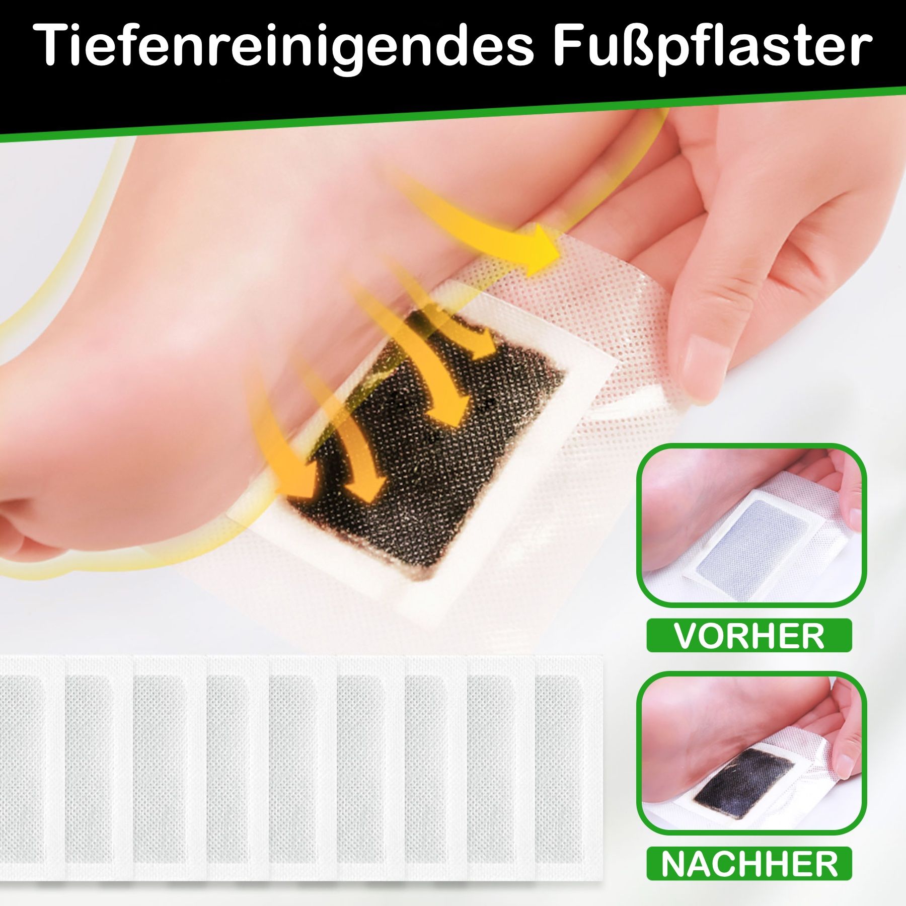 ALIVER voetpleisters met bamboeazijn. Weergave van de toepassing. Voor-en-na-effect. Tekst: Diep reinigende voetpleister.