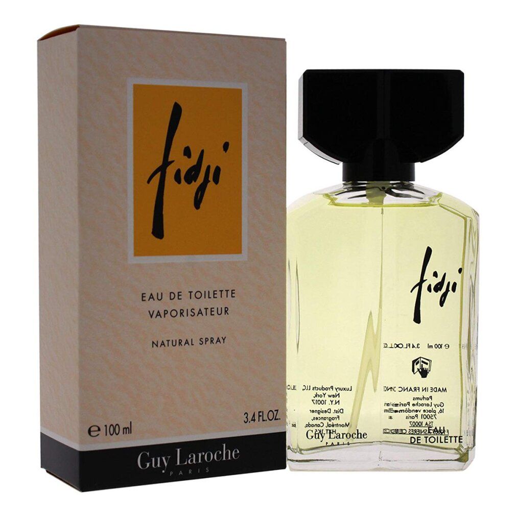 Fidji Eau de Toilette fles en verpakking. Vierkante glazen fles met zwarte dop. Verpakking met geel veld en opschrift Fidji.